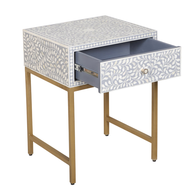 Bone Inlay 1 Drawer Bedside Table - Grey Floral - Abacus and Hunt