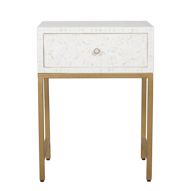 Bone Inlay 1 Drawer Bedside Table - White Floral - Abacus and Hunt