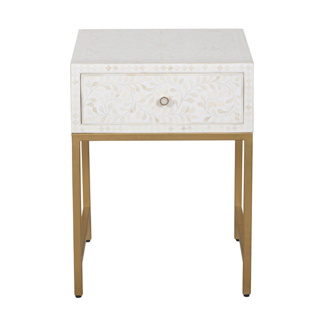 Bone Inlay 1 Drawer Bedside Table - White Floral - Abacus and Hunt