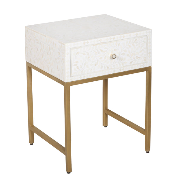 Bone Inlay 1 Drawer Bedside Table - White Floral - Abacus and Hunt