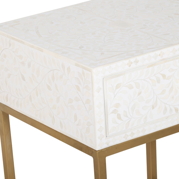 Bone Inlay 1 Drawer Bedside Table - White Floral - Abacus and Hunt
