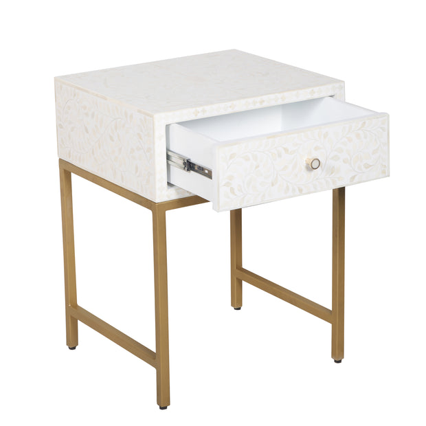 Bone Inlay 1 Drawer Bedside Table - White Floral - Abacus and Hunt