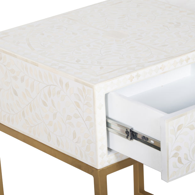 Bone Inlay 1 Drawer Bedside Table - White Floral - Abacus and Hunt