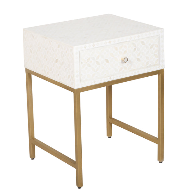 Bone Inlay 1 Drawer Bedside Table - White Geometric - Abacus and Hunt
