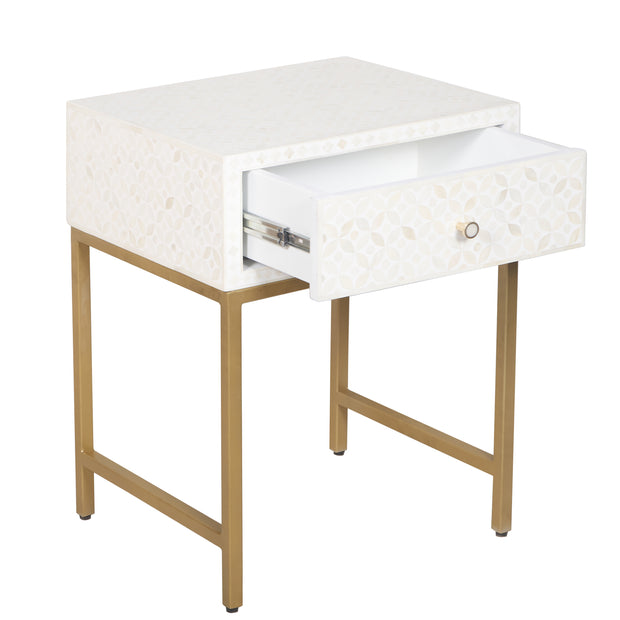 Bone Inlay 1 Drawer Bedside Table - White Geometric - Abacus and Hunt