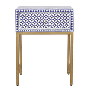 Bone Inlay 1 Drawer Bedside Table - Indigo Blue Geometric - Abacus and Hunt