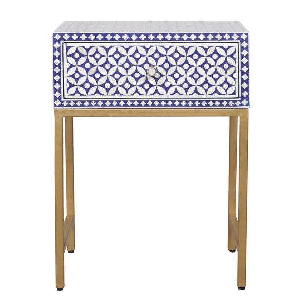 Bone Inlay 1 Drawer Bedside Table - Indigo Blue Geometric - Abacus and Hunt