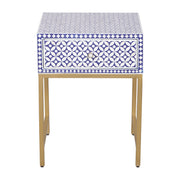 Bone Inlay 1 Drawer Bedside Table - Indigo Blue Geometric - Abacus and Hunt