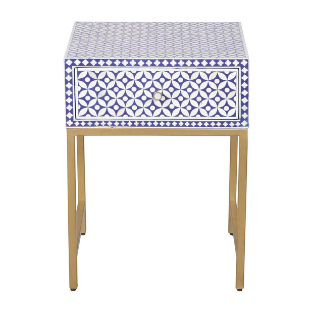 Bone Inlay 1 Drawer Bedside Table - Indigo Blue Geometric - Abacus and Hunt