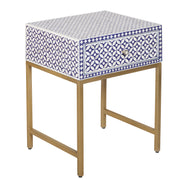 Bone Inlay 1 Drawer Bedside Table - Indigo Blue Geometric - Abacus and Hunt