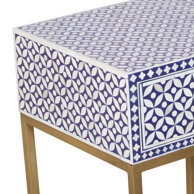 Bone Inlay 1 Drawer Bedside Table - Indigo Blue Geometric - Abacus and Hunt