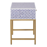 Bone Inlay 1 Drawer Bedside Table - Indigo Blue Geometric - Abacus and Hunt