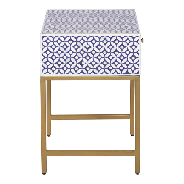 Bone Inlay 1 Drawer Bedside Table - Indigo Blue Geometric - Abacus and Hunt