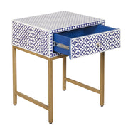 Bone Inlay 1 Drawer Bedside Table - Indigo Blue Geometric - Abacus and Hunt