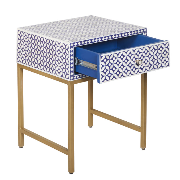 Bone Inlay 1 Drawer Bedside Table - Indigo Blue Geometric - Abacus and Hunt