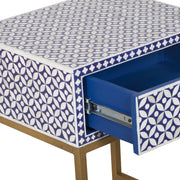 Bone Inlay 1 Drawer Bedside Table - Indigo Blue Geometric - Abacus and Hunt