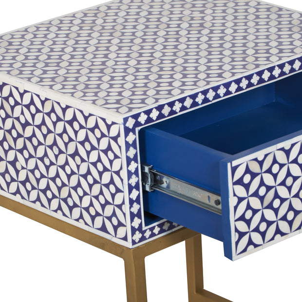 Bone Inlay 1 Drawer Bedside Table - Indigo Blue Geometric - Abacus and Hunt