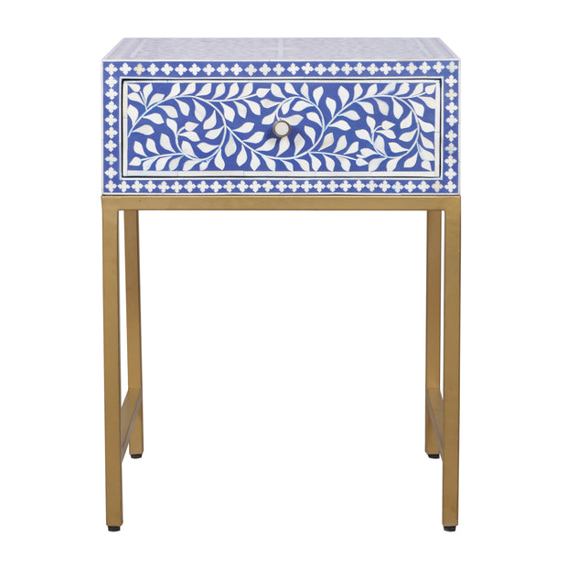 Bone Inlay 1 Drawer Bedside Table - Indigo Blue Floral - Abacus and Hunt