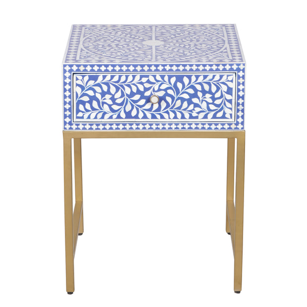 Bone Inlay 1 Drawer Bedside Table - Indigo Blue Floral - Abacus and Hunt