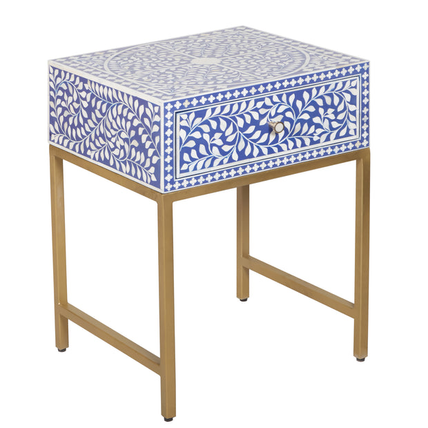 Bone Inlay 1 Drawer Bedside Table - Indigo Blue Floral - Abacus and Hunt
