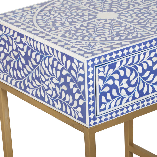 Bone Inlay 1 Drawer Bedside Table - Indigo Blue Floral - Abacus and Hunt