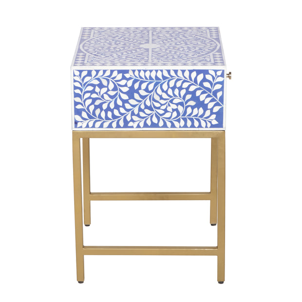 Bone Inlay 1 Drawer Bedside Table - Indigo Blue Floral - Abacus and Hunt