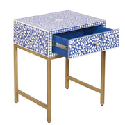 Bone Inlay 1 Drawer Bedside Table - Indigo Blue Floral - Abacus and Hunt