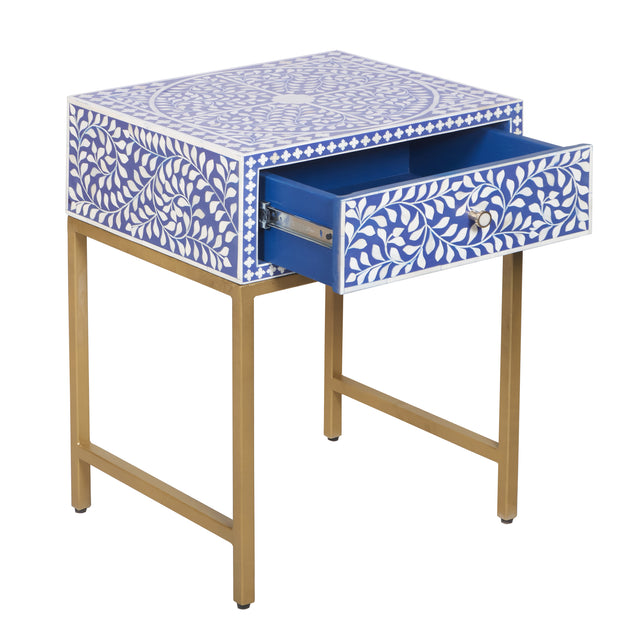 Bone Inlay 1 Drawer Bedside Table - Indigo Blue Floral - Abacus and Hunt