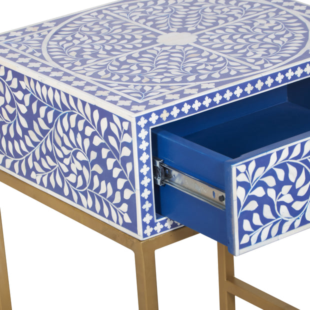 Bone Inlay 1 Drawer Bedside Table - Indigo Blue Floral - Abacus and Hunt
