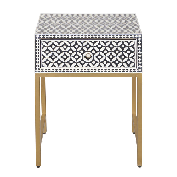 Bone Inlay 1 Drawer Bedside Table - Black Geometric - Abacus and Hunt