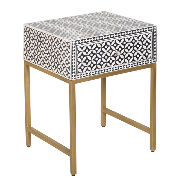 Bone Inlay 1 Drawer Bedside Table - Black Geometric - Abacus and Hunt