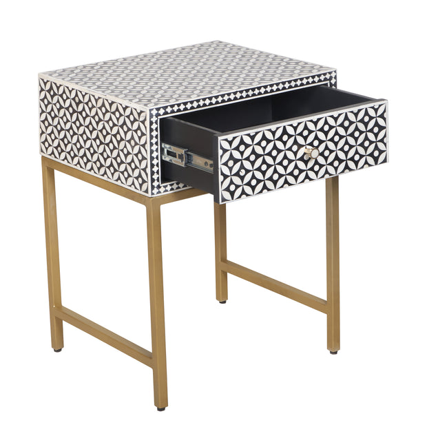 Bone Inlay 1 Drawer Bedside Table - Black Geometric - Abacus and Hunt