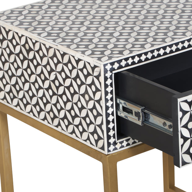 Bone Inlay 1 Drawer Bedside Table - Black Geometric - Abacus and Hunt