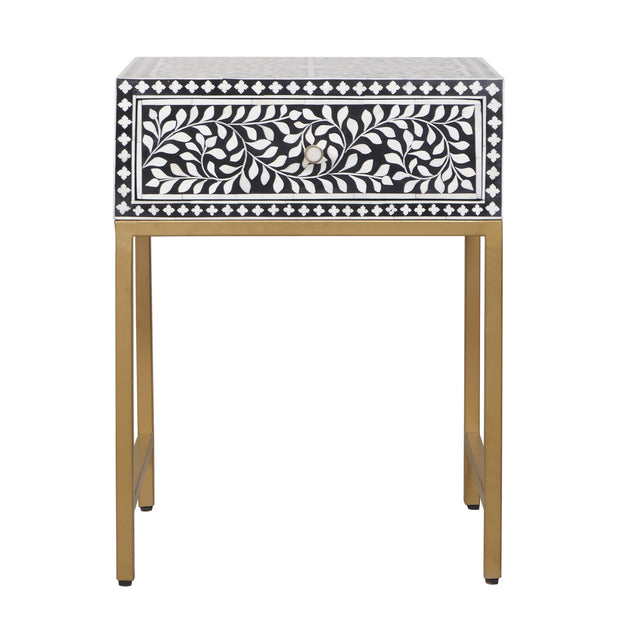 Bone Inlay 1 Drawer Bedside Table - Black Floral - Abacus and Hunt