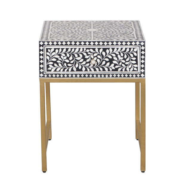 Bone Inlay 1 Drawer Bedside Table - Black Floral - Abacus and Hunt