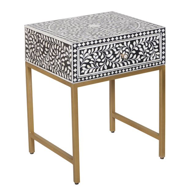 Bone Inlay 1 Drawer Bedside Table - Black Floral - Abacus and Hunt