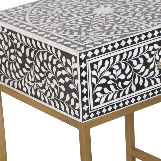 Bone Inlay 1 Drawer Bedside Table - Black Floral - Abacus and Hunt