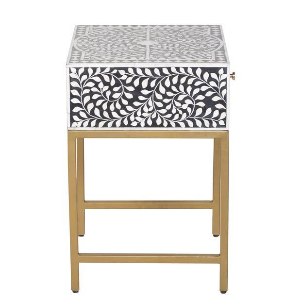 Bone Inlay 1 Drawer Bedside Table - Black Floral - Abacus and Hunt