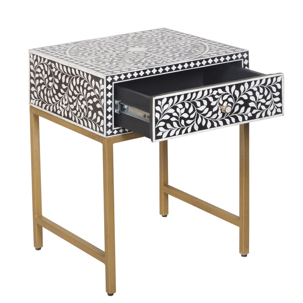 Bone Inlay 1 Drawer Bedside Table - Black Floral - Abacus and Hunt