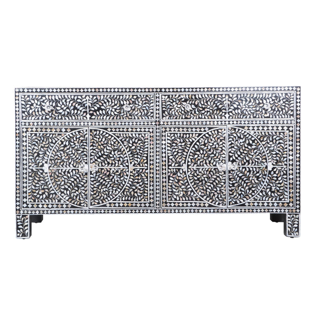 Mother of Pearl Inlay Buffet / Chest of Drawers - Black Floral Scroll