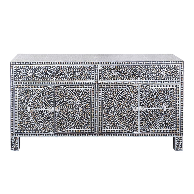 Mother of Pearl Inlay Buffet / Chest of Drawers - Black Floral Scroll