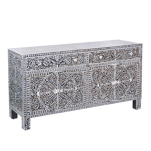 Mother of Pearl Inlay Buffet / Chest of Drawers - Black Floral Scroll