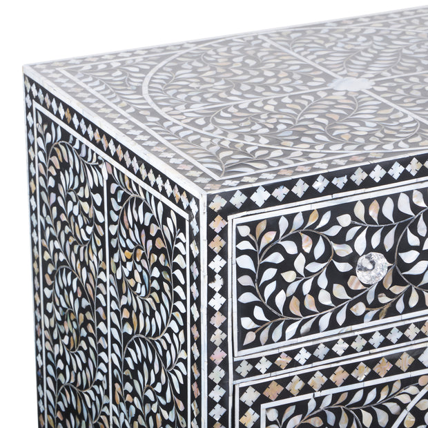 Mother of Pearl Inlay Buffet / Chest of Drawers - Black Floral Scroll