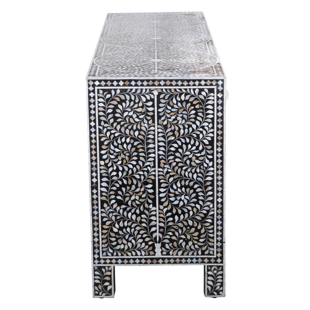 Mother of Pearl Inlay Buffet / Chest of Drawers - Black Floral Scroll