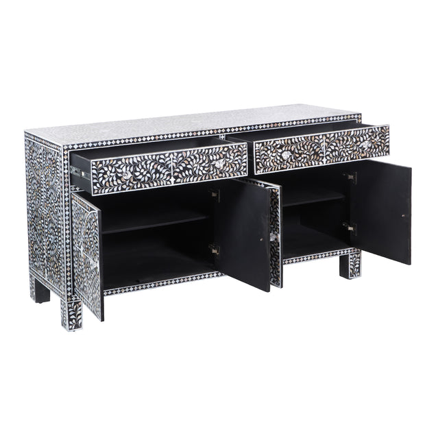 Mother of Pearl Inlay Buffet / Chest of Drawers - Black Floral Scroll