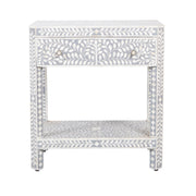 Bone Inlay Large 1 Drawer Bedside Table or Side Table with Shelf - Grey Floral - Abacus and Hunt