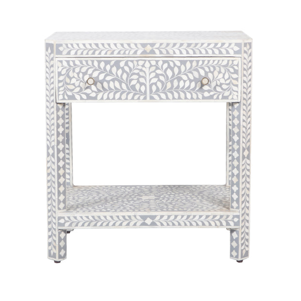 Bone Inlay Large 1 Drawer Bedside Table or Side Table with Shelf - Grey Floral - Abacus and Hunt