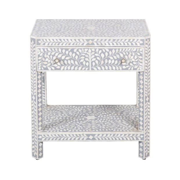Bone Inlay Large 1 Drawer Bedside Table or Side Table with Shelf - Grey Floral - Abacus and Hunt