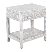 Bone Inlay Large 1 Drawer Bedside Table or Side Table with Shelf - Grey Floral - Abacus and Hunt