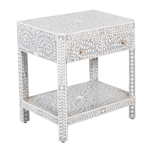 Bone Inlay Large 1 Drawer Bedside Table or Side Table with Shelf - Grey Floral - Abacus and Hunt